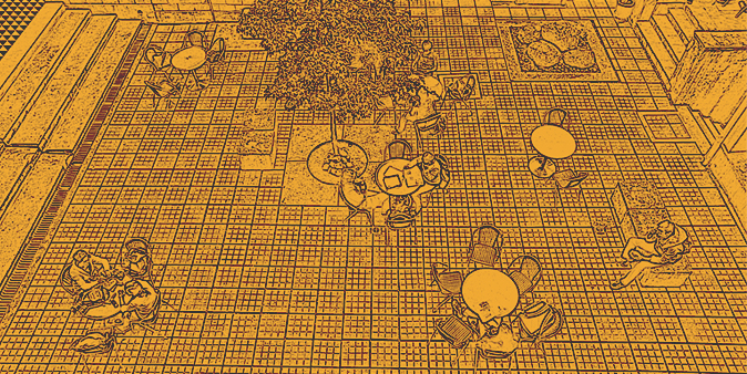 plaza con sillas y mesas