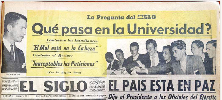 Primera página de El Siglo, 2 de abril de 1960. Alberto Lleras Camargo, líder del FN, propuso a Mario Laserna como uno de los candidatos para la Rectoría a la Consiliatura, máximo consejo de la Universidad Nacional