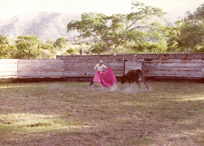 Mario Laserna observando a una persona toreando con capote rosa en arena 