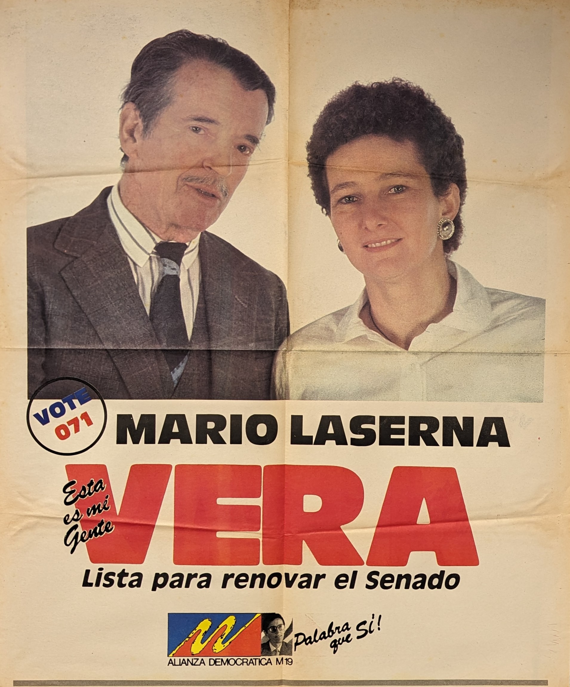 Cartel político de campaña al senado Alianza Democrática M19 Mario Laserna